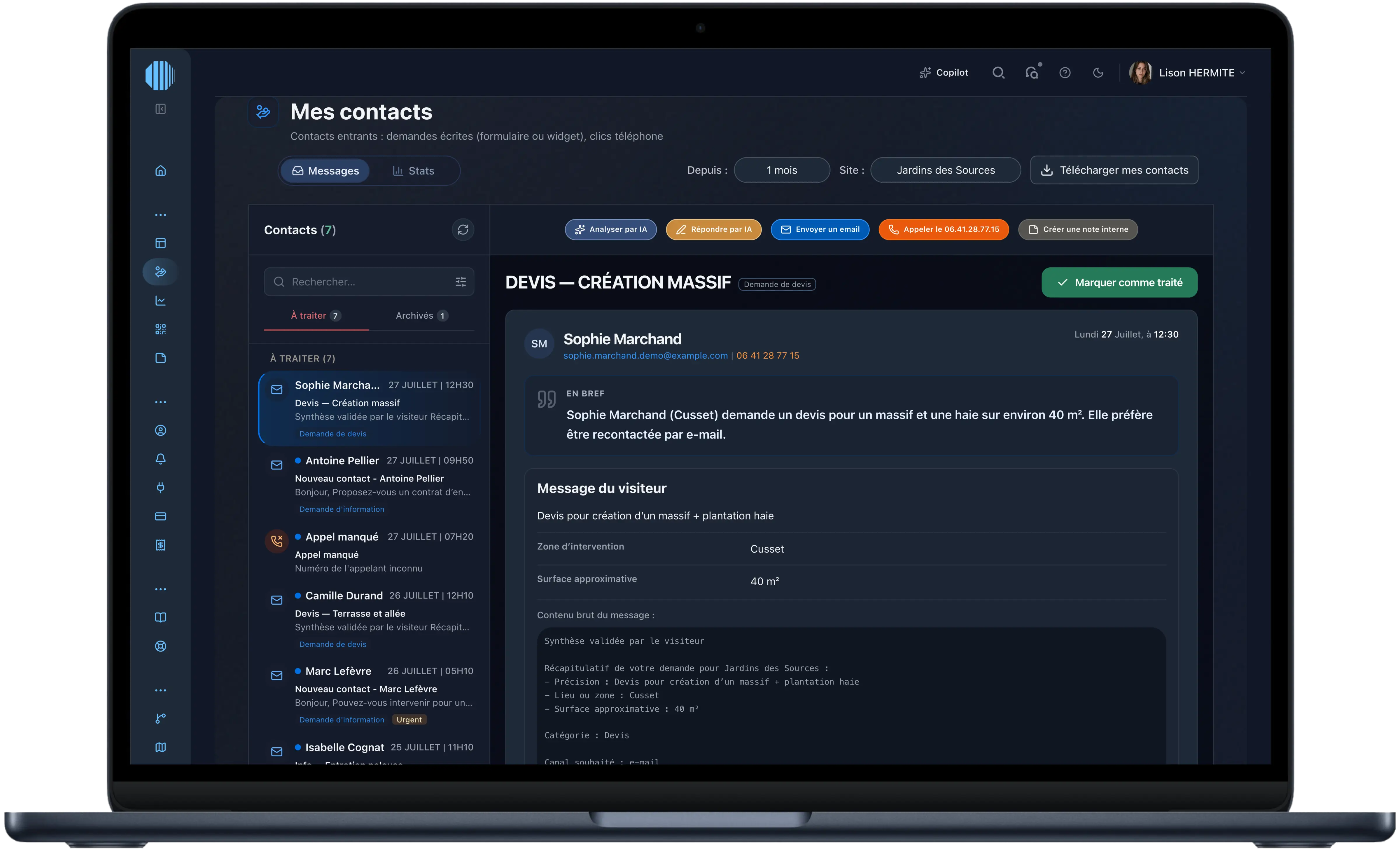 Aperçu de Mes contacts — boîte de réception Mini CRM MERCUR