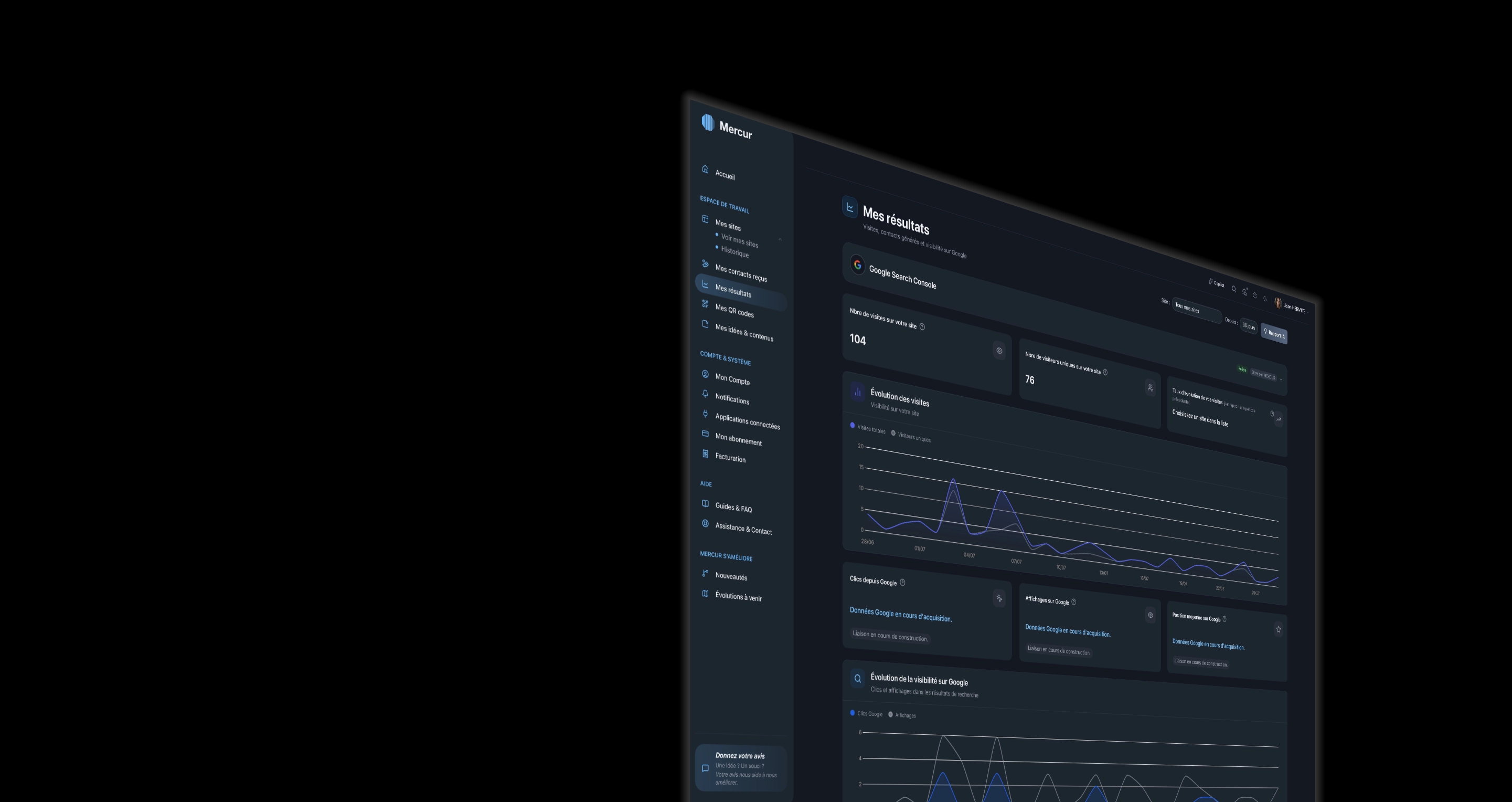 Suivi des résultats — tableau de bord MERCUR avec visites, contacts et évolution
