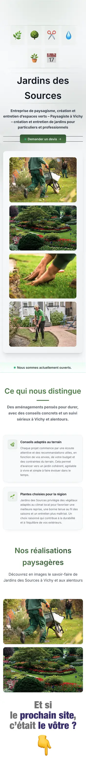Capture mobile du site Jardins des Sources — exemple de one-page créée avec MERCUR